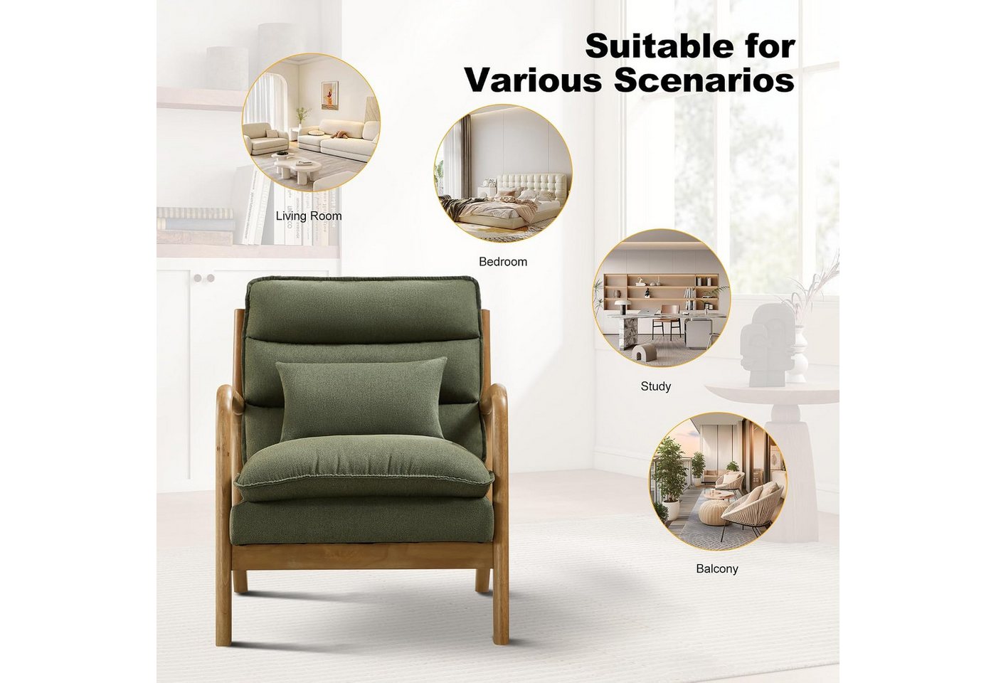 CANMOV Relaxsessel Sessel mit Kissen, Loungesessel mit hoher Rückenlehne, Einzelsessel (2-St), Natürliches Holz, Liegestuhl mit Armlehne und Kissen, für Wohnzim – Bild 3 von 5