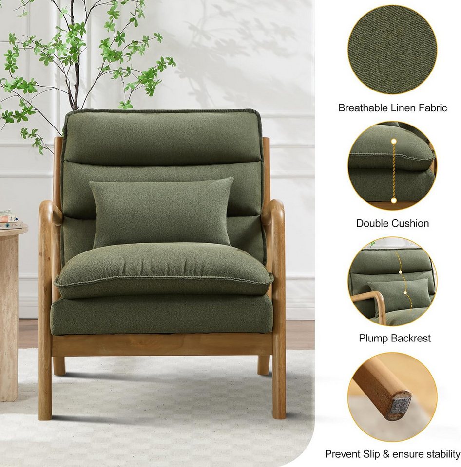 CANMOV Relaxsessel Sessel mit Kissen, Loungesessel mit hoher Rückenlehne, Einzelsessel (2-St), Natürliches Holz, Liegestuhl mit Armlehne und Kissen, für Wohnzim – Bild 4 von 5