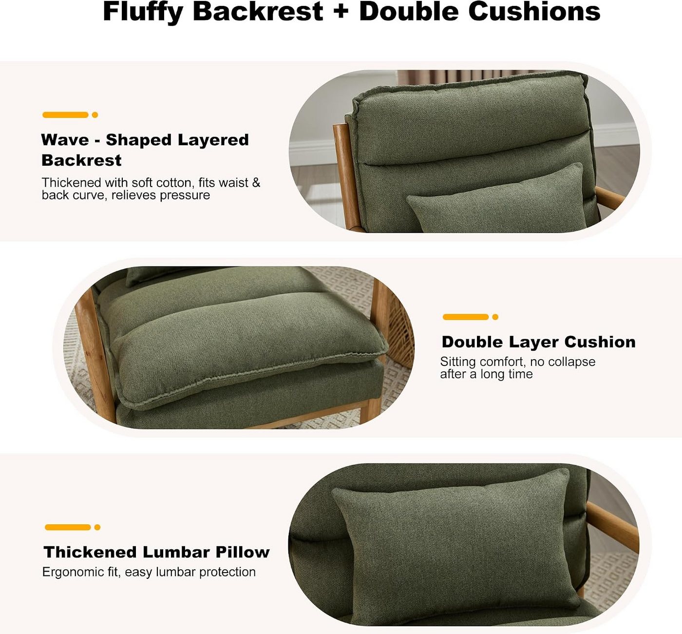 CANMOV Relaxsessel Sessel mit Kissen, Loungesessel mit hoher Rückenlehne, Einzelsessel (2-St), Natürliches Holz, Liegestuhl mit Armlehne und Kissen, für Wohnzim – Bild 5 von 5