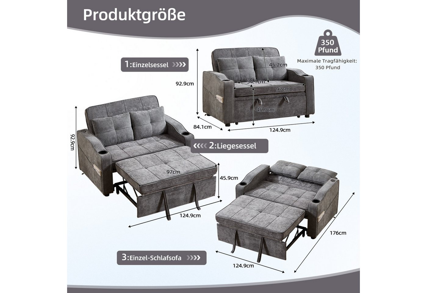 CANMOV Schlafsofa 1 & 2 Sitzer Schlafsofa, Einzelsofa mit Schlaffunktion, Sofabett, 1st & 2st, Schlafsofa mit Kissen und USB-Ladefunktion – Bild 2 von 5