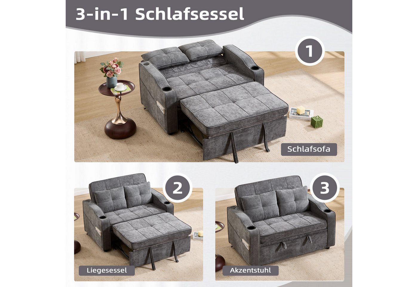 CANMOV Schlafsofa 1 & 2 Sitzer Schlafsofa, Einzelsofa mit Schlaffunktion, Sofabett, 1st & 2st, Schlafsofa mit Kissen und USB-Ladefunktion – Bild 3 von 5