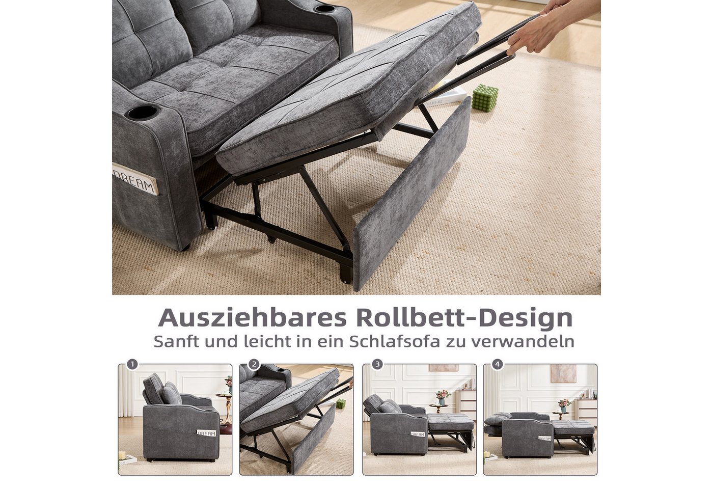 CANMOV Schlafsofa 1 & 2 Sitzer Schlafsofa, Einzelsofa mit Schlaffunktion, Sofabett, 1st & 2st, Schlafsofa mit Kissen und USB-Ladefunktion – Bild 5 von 5