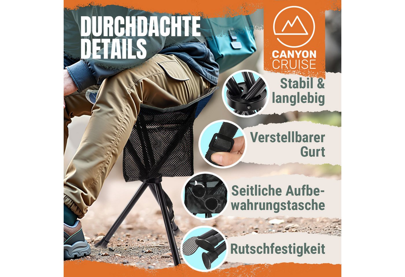 Canyon Cruise Campinghocker Tragbarer Campinghocker–Klappbarer Dreibein-Stuhl für Angeln & Outdoor (Dreibein-Hocker, 1 St., Tragbarer Camping-Stuhl), Festival S – Bild 3 von 5