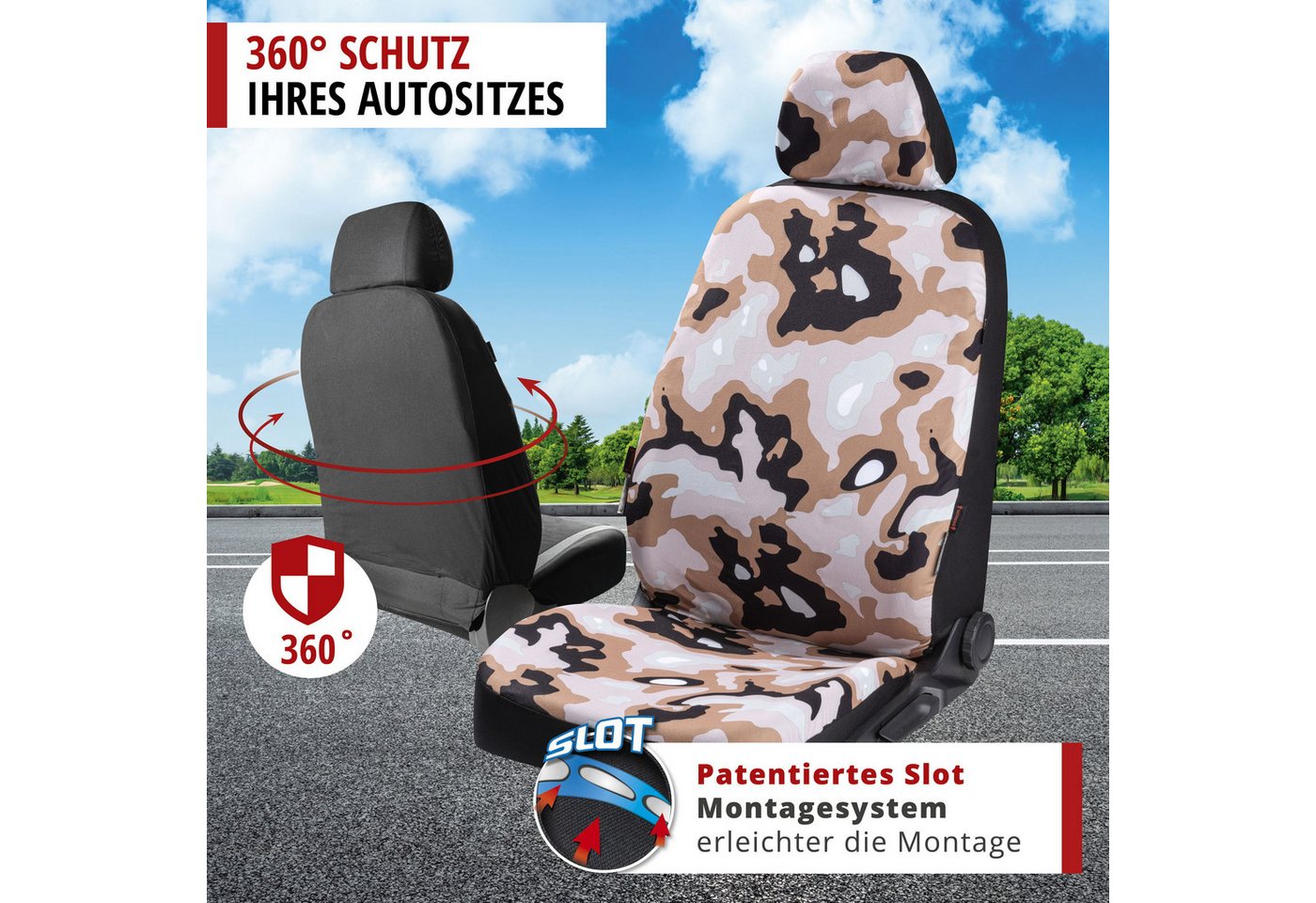 CarComfort Autositzbezug Autositzbezug Camouflage, 1 Vordersitzbezug 2tlg, 1 Kopfstützenbezug, 3-tlg. – Bild 5 von 5
