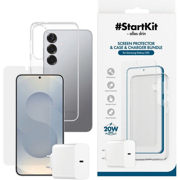 CARE by PanzerGlass StartKit - alles drin - Screen Protector, Case & Charger USB-Ladegerät (Set, 3-tlg., 20W Ladegerät, Displayschutzglas, TPU-Schutzhülle, 3-in