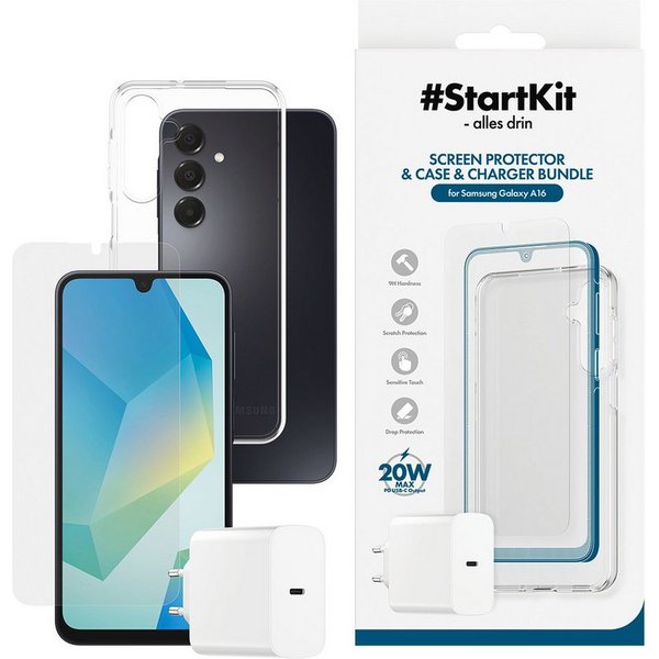 CARE by PanzerGlass StartKit - alles drin - Screen Protector, Case & Charger USB-Ladegerät (Set, 3-tlg., 20W Ladegerät, Displayschutzglas, TPU-Schutzhülle, 3-in