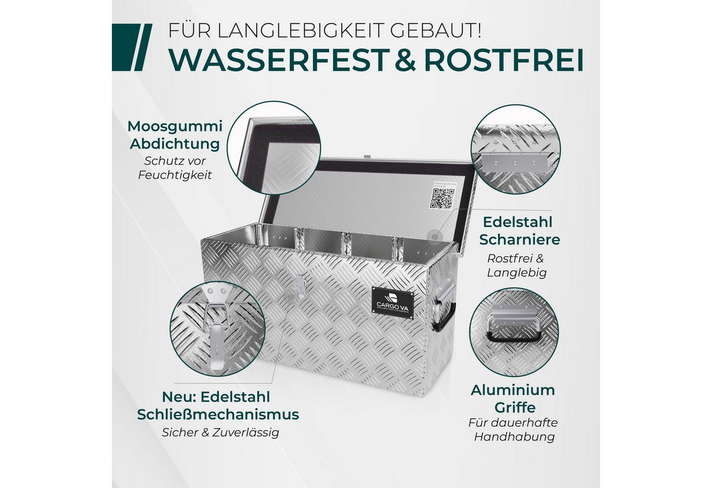 CargoVA® Anhänger-Deichselbox Wasserfeste Deichselbox – abschließbar, mit Befestigung, 50 bis 110cm, Wasserdicht, rostfrei, abschließbar, universelle Passform – Bild 2 von 5