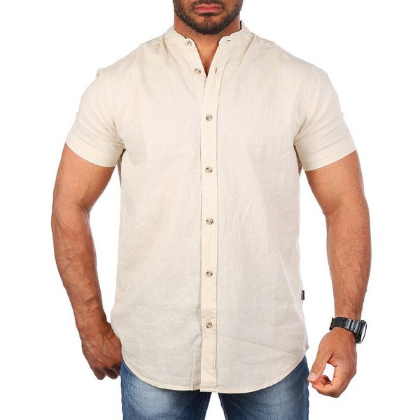 CARISMA Kurzarmhemd Herren Leinen Baumwoll Mix Casual Hemd 9337 Regular Kurzarm Stehkragenkragen Uni