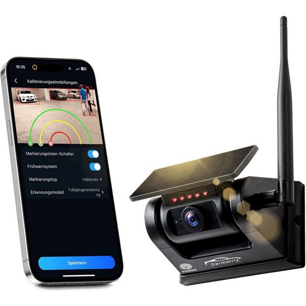 CARMATRIX D50E Rückfahrkamera (Solar WLAN Auto Wohnmobil Funk Rückfahrkamera HD Magnet Smartphone APP, Digital kabellose Einparkhilfe zum nachrüsten KI Personen