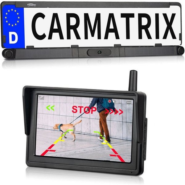 CARMATRIX Premium Solar 2 Rückfahrkamera (Auto Funk Video Solar Rückfahrsystem Nummernschild Kennzeichenhalter, mit 2 PDC Sensoren, Einparkhilfe mit Rückfahrkam