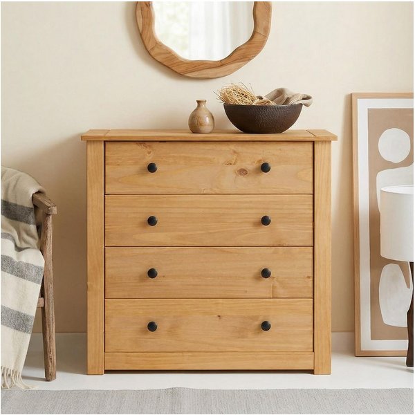 CARO-Möbel Kommode CANCUN, Sideboard aus Kiefer Massivholz 4 Schubladen Schlafzimmer Aufbewahrung
