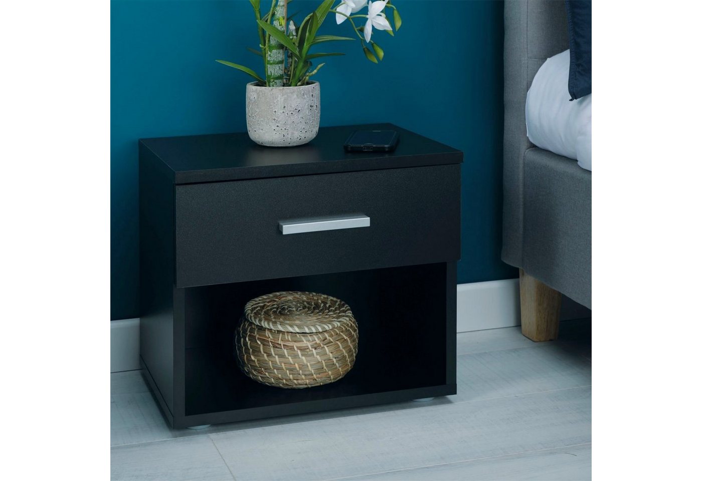 CARO-Möbel Nachtkommode MARY, Nachttisch 2er Set mit Schublade und Ablagefach Schwarz – Bild 3 von 4