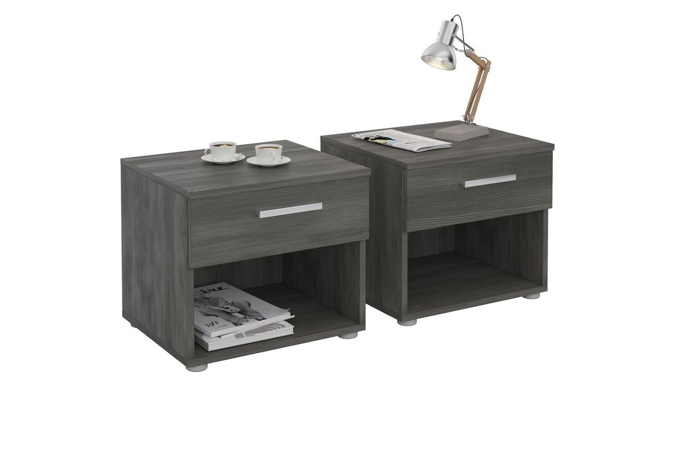CARO-Möbel Nachtkommode MARY, Nachttisch 2er Set mit Schublade und Ablagefach Escheoptik Grau – Bild 2 von 3
