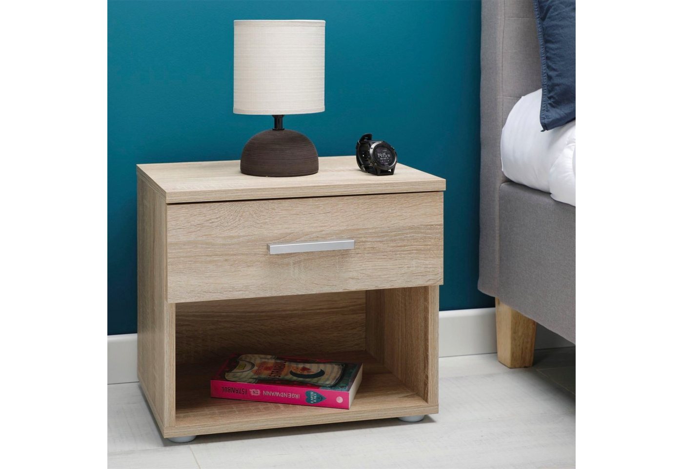 CARO-Möbel Nachtkommode MARY, Nachttisch mit Schublade und Ablagefach Sonoma Eiche Optik – Bild 2 von 4