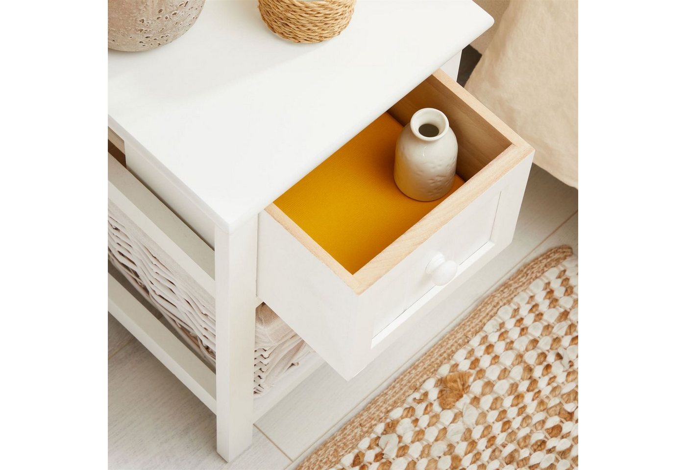 CARO-Möbel Nachttisch MESSINA, Nachttisch aus Holz mit 1 Schublade und Korb Kommode Vintage Boho Sty – Bild 5 von 5