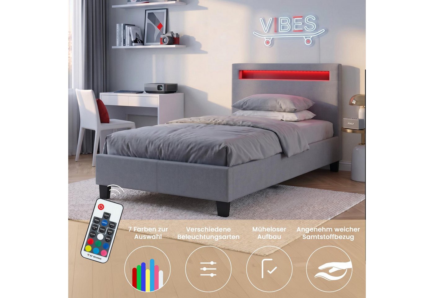 CARO-Möbel Polsterbett HIMALAYA, Polsterbett Einzelbett Jugendbett Bettgestell mit LED 90 x 200 cm – Bild 2 von 5