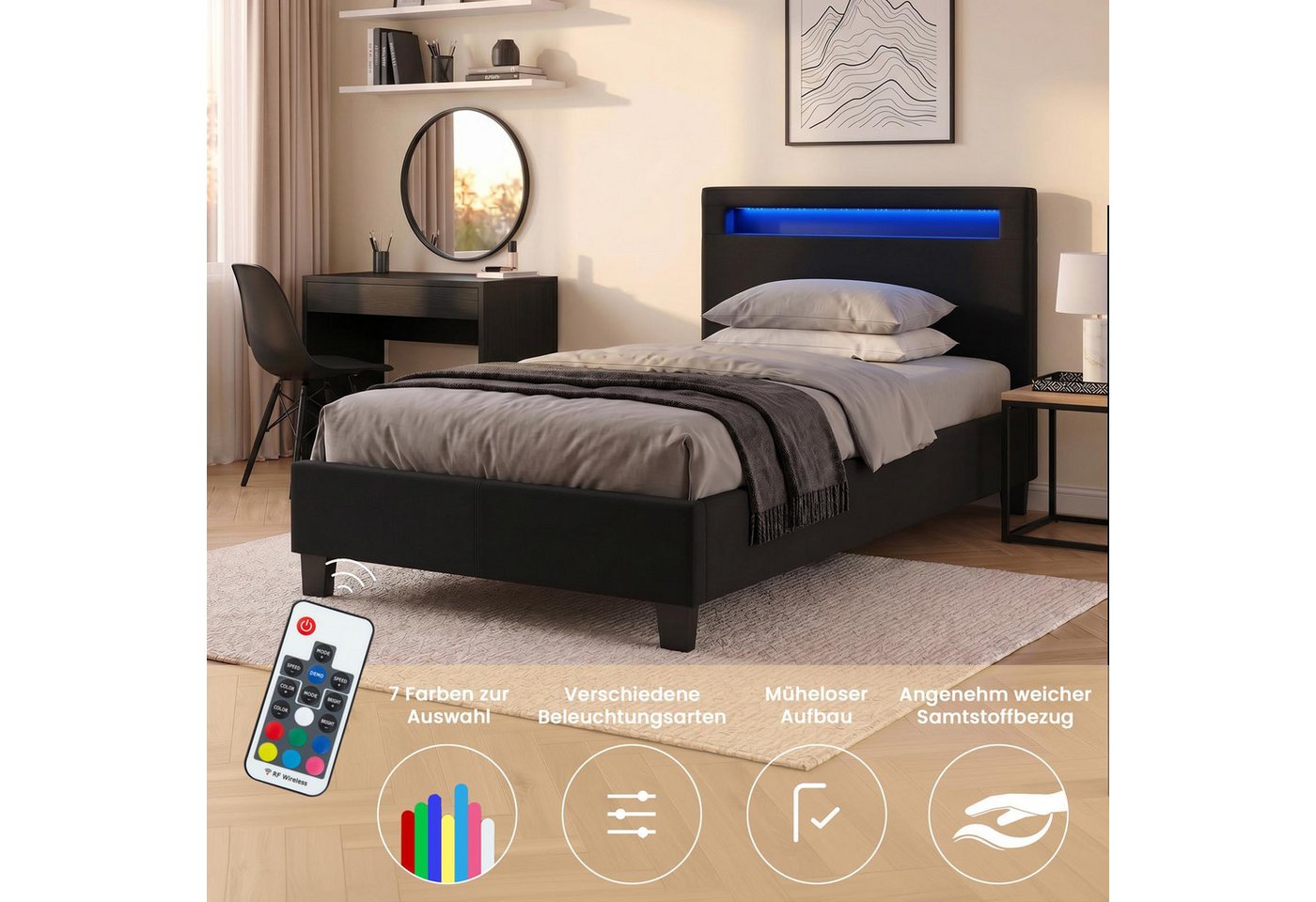 CARO-Möbel Polsterbett HIMALAYA, Polsterbett Einzelbett Jugendbett Bettgestell mit LED 90 x 200 cm – Bild 2 von 5