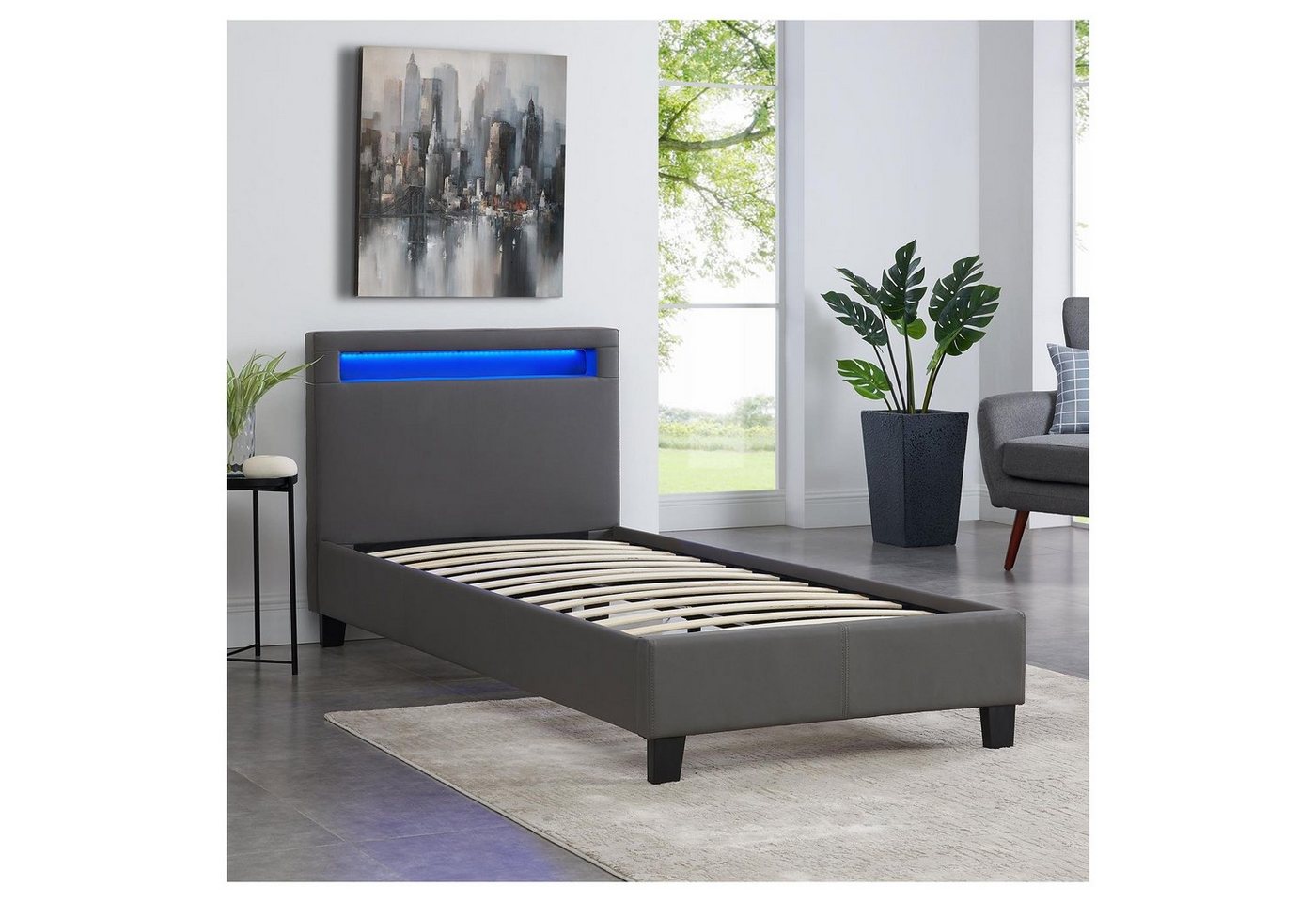 CARO-Möbel Polsterbett MANDALAY, LED Bett 90x200 cm Einzelbett mit Lattenrost und Kunstlederbezug Grau – Bild 3 von 5