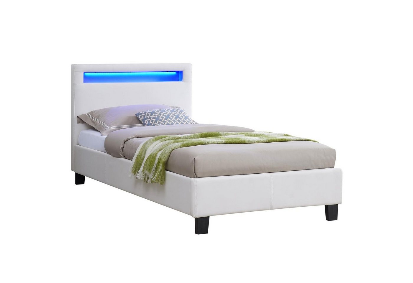 CARO-Möbel Polsterbett MANDALAY, LED Bett 90x200 cm Einzelbett mit Lattenrost und Kunstlederbezug Weiß – Bild 2 von 5