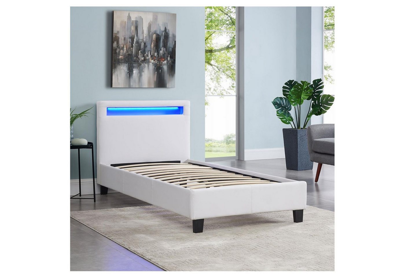 CARO-Möbel Polsterbett MANDALAY, LED Bett 90x200 cm Einzelbett mit Lattenrost und Kunstlederbezug Weiß – Bild 3 von 5