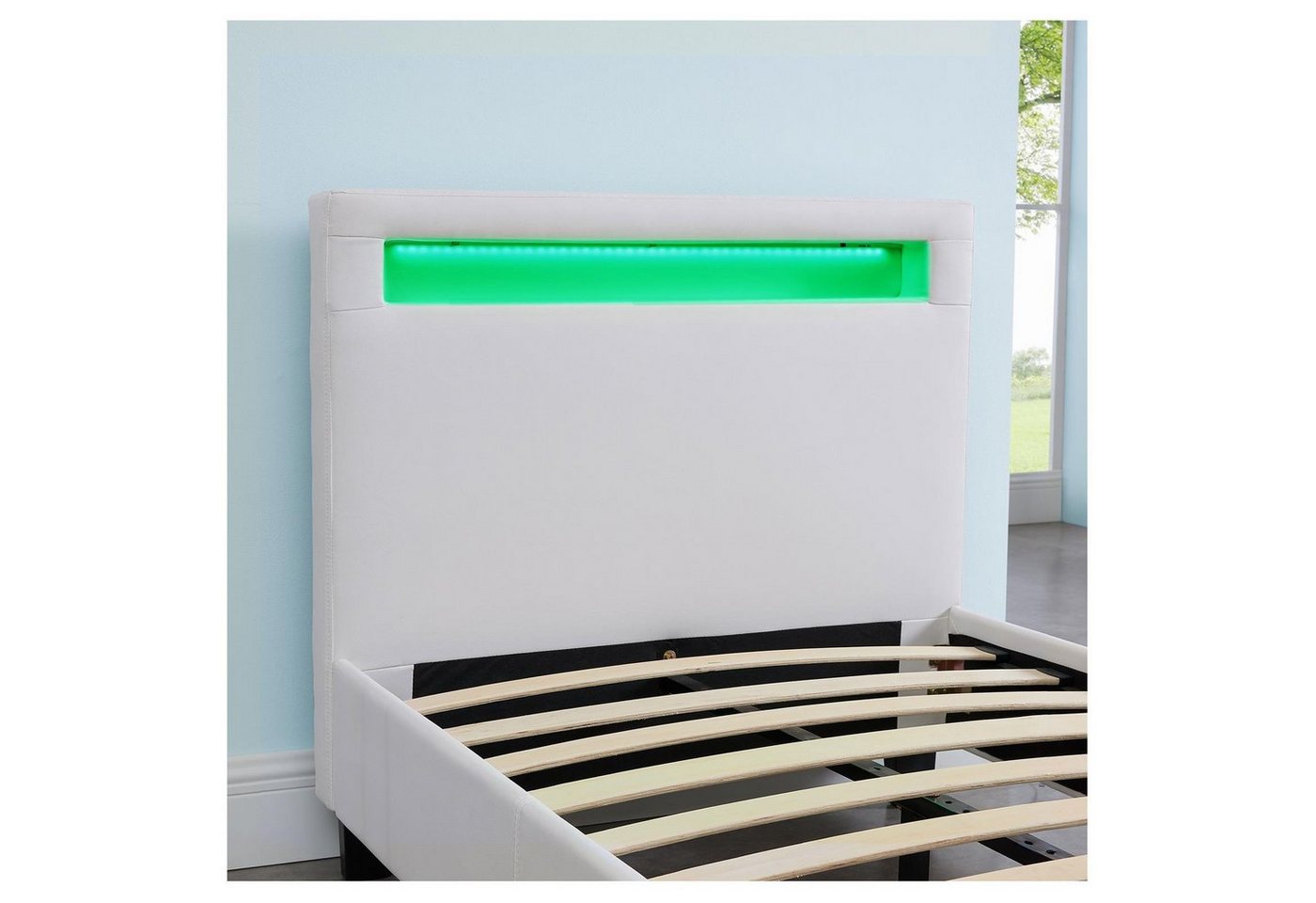 CARO-Möbel Polsterbett MANDALAY, LED Bett 90x200 cm Einzelbett mit Lattenrost und Kunstlederbezug Weiß – Bild 4 von 5