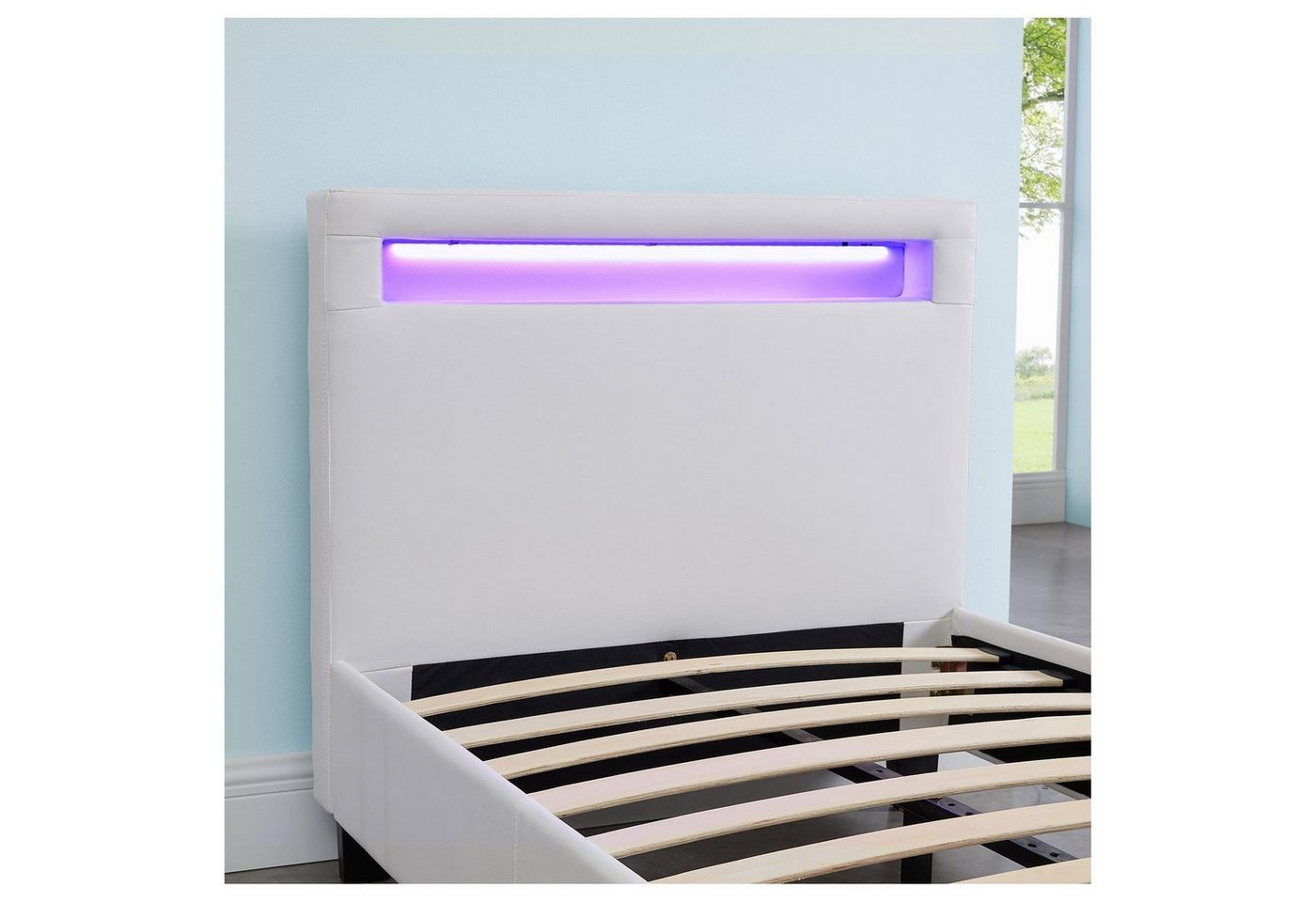 CARO-Möbel Polsterbett MANDALAY, LED Bett 90x200 cm Einzelbett mit Lattenrost und Kunstlederbezug Weiß – Bild 5 von 5