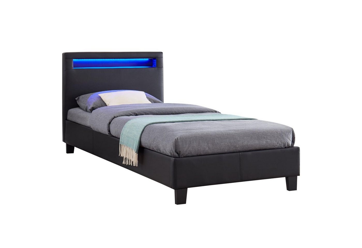 CARO-Möbel Polsterbett MANDALAY, LED Bett 90x200 cm Einzelbett Lattenrost und Kunstlederbezug Schwarz – Bild 2 von 5