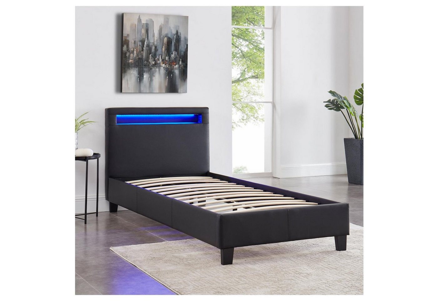 CARO-Möbel Polsterbett MANDALAY, LED Bett 90x200 cm Einzelbett Lattenrost und Kunstlederbezug Schwarz – Bild 3 von 5