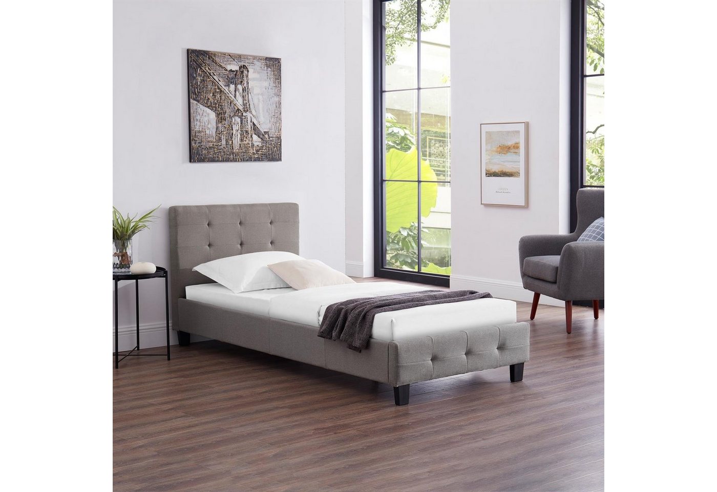 CARO-Möbel Polsterbett OHIO, Einzelbett 90x200 cm Bettgestell mit Lattenrost Kopfteil grau – Bild 2 von 5