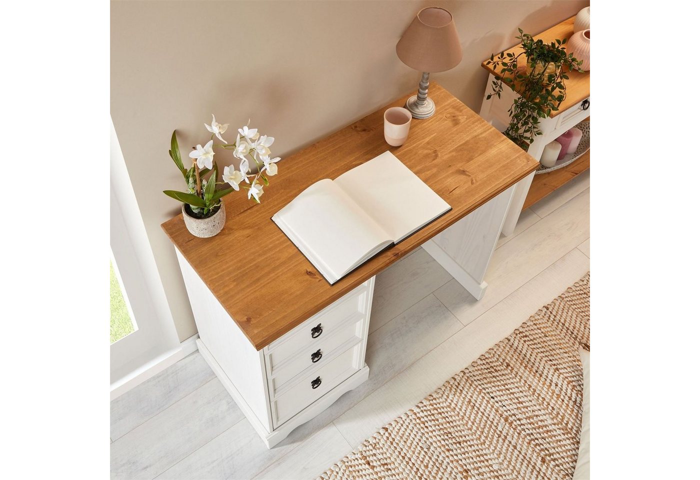 CARO-Möbel Schreibtisch CAMPO, Schreibtisch aus Kiefer Bürotisch mit Schubladen Massivholz Mexiko Lan – Bild 4 von 5