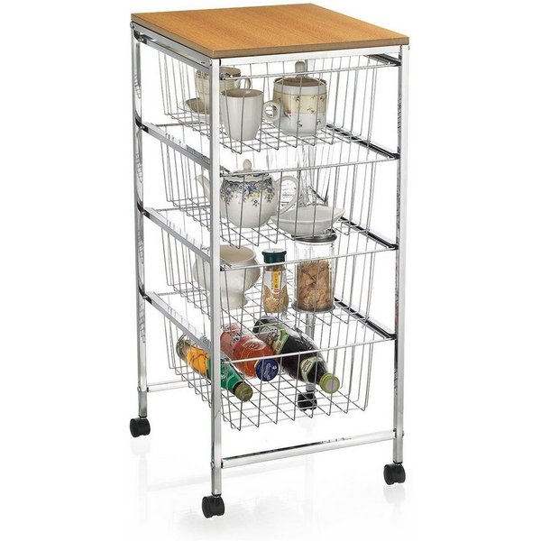 CARO-Möbel Servierwagen RONJA, Küchenwagen auf Rollen mit 4 Körben und Ablageplatte, chrom/holz