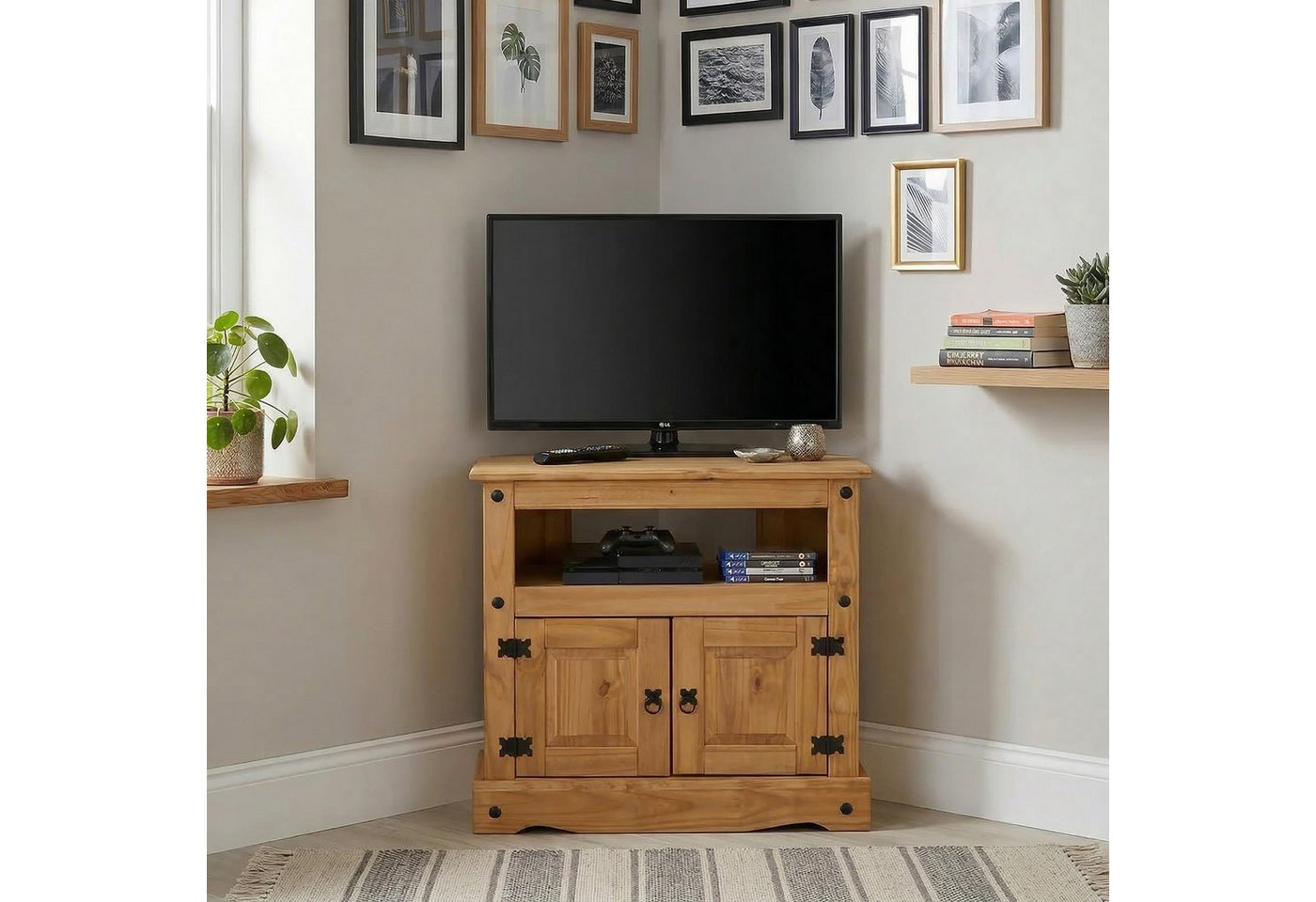 CARO-Möbel TV-Rack SALSA, TV Board mit Stauraum und Ablage, Mexiko Stil, Massivholz natur – Bild 2 von 5