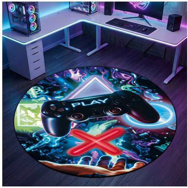 Carpetia Designteppich Gaming Style, rund, Höhe: 5 mm, mit grafischen Gaming-Motiven in Neon-Optik