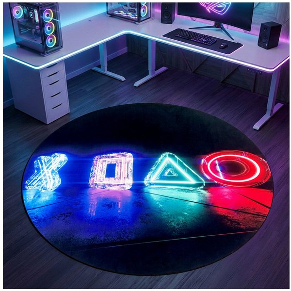 Carpetia Designteppich Gaming Style, rund, Höhe: 5 mm, mit grafischen Gaming-Motiven in Neon-Optik