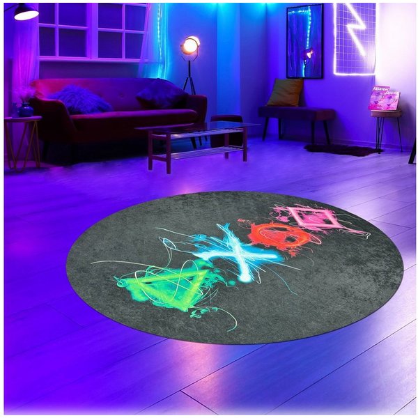 Carpetia Designteppich Gaming Style, rund, Höhe: 5 mm, mit grafischen Gaming-Motiven in Neon-Optik