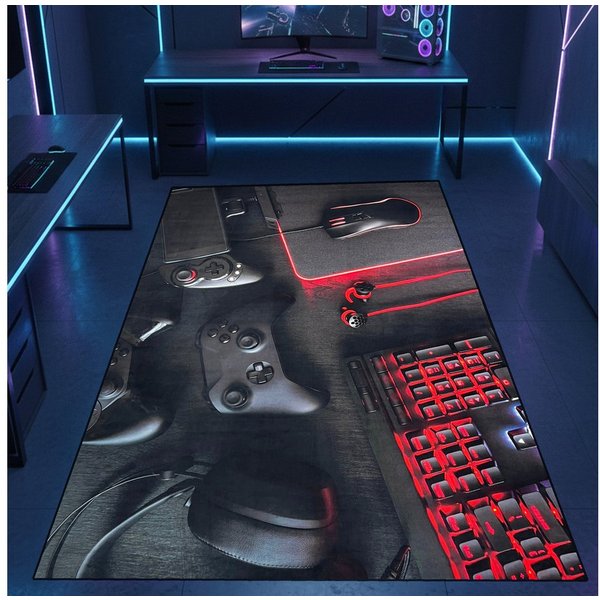 Carpetia Designteppich Gaming Teppich, rechteckig, Höhe: 5 mm, mit grafischen Gaming-Motiven in Neon-Optik
