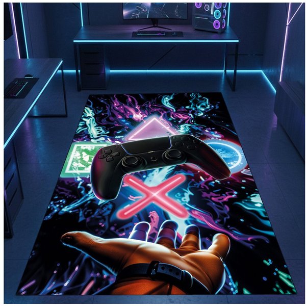 Carpetia Designteppich Gaming Teppich, rechteckig, Höhe: 5 mm, mit grafischen Gaming-Motiven in Neon-Optik