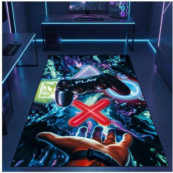 Carpetia Designteppich Gaming Teppich, rechteckig, Höhe: 5 mm, mit grafischen Gaming-Motiven in Neon-Optik