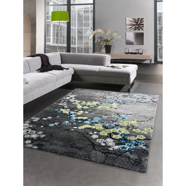 Carpetia Teppich Designer Teppich Kurzflor Wohnzimmerteppich Blumen grau türkis blau, rechteckig, Höhe: 13 mm