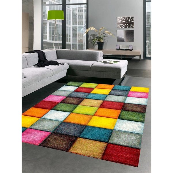 Carpetia Teppich Teppich modern Teppich Wohnzimmer Karo bunt gelb rot blau grün, rechteckig, Höhe: 13 mm