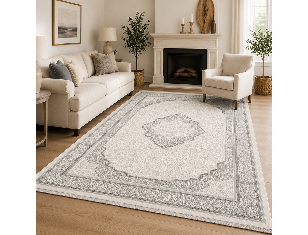 Carpetilla Designteppich Designer Wohnzimmer Teppich Orientisch Rechtetig modern Grau_Cream, Rechtetig, Höhe: 15 mm, Farbecht – Bild 2 von 5