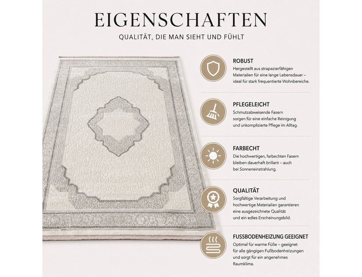 Carpetilla Designteppich Designer Wohnzimmer Teppich Orientisch Rechtetig modern Grau_Cream, Rechtetig, Höhe: 15 mm, Farbecht – Bild 4 von 5