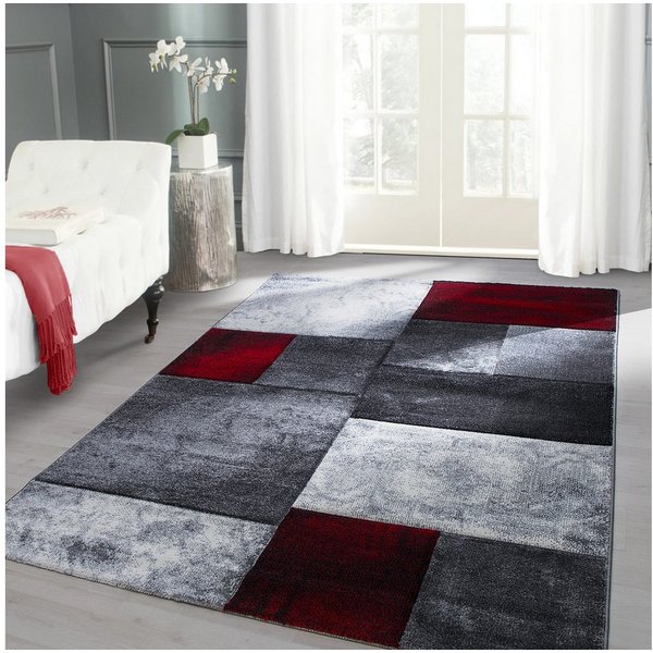 Carpettex Frisé-Teppich Kariert Design, Läufer, Höhe: 13 mm, Wohnzimmer Teppich Rot Kurzflor Konturenschnitt Kariert Design