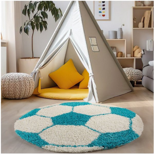Carpettex Kinderteppich Fußball-Design, Rund, Höhe: 30 mm, Kinder Teppich Fußball-Form Kinderzimmer versch.farben und größen