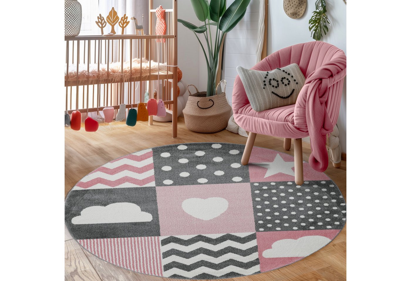 Carpettex Kinderteppich Herz- und Stern Design, Läufer, Höhe: 11 mm, Kinderteppich Karo Design Rosa Baby Teppich Kinderzimmer Pflegeleicht – Bild 2 von 5