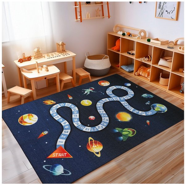 Carpettex Kinderteppich Weltraum Design, Rechteckig, Höhe: 7 mm, Teppich Kinderzimmer MarineWeltraum Design Rutschfest Waschbar
