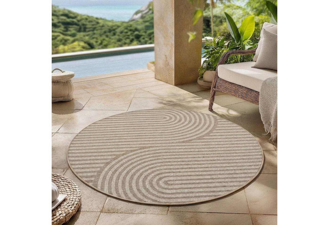 Carpettex Outdoorteppich Boho Flachgewebter Teppich, Rund, Höhe: 5 mm, Outdoor Teppich Wetterfest Modern Design Wohnzimmer Küchen Terrasse – Bild 2 von 5