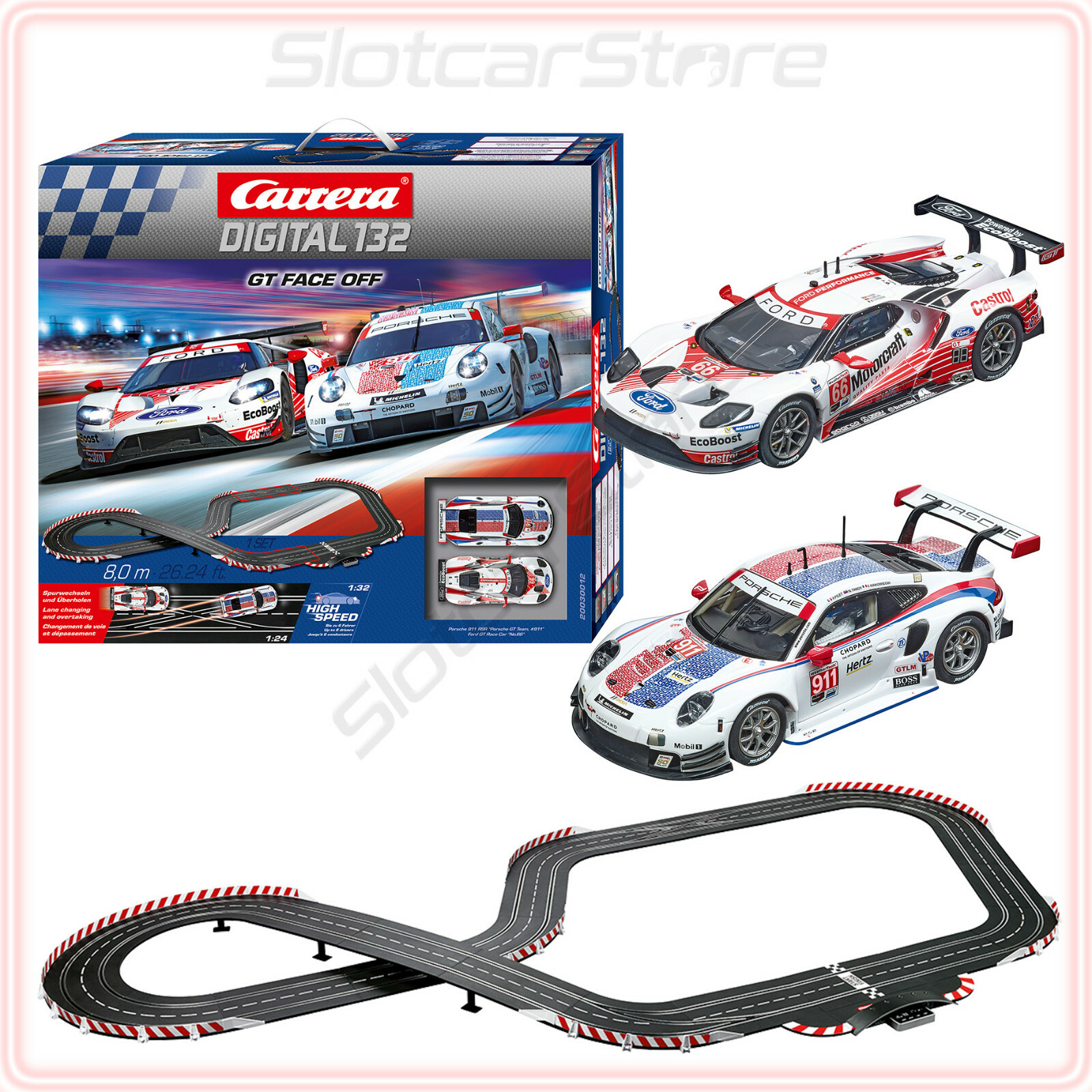 Carrera Digital 132 30012 GT Face Off 8,0m Porsche 911RSR Ford GT 1:32 Renn Bahn
