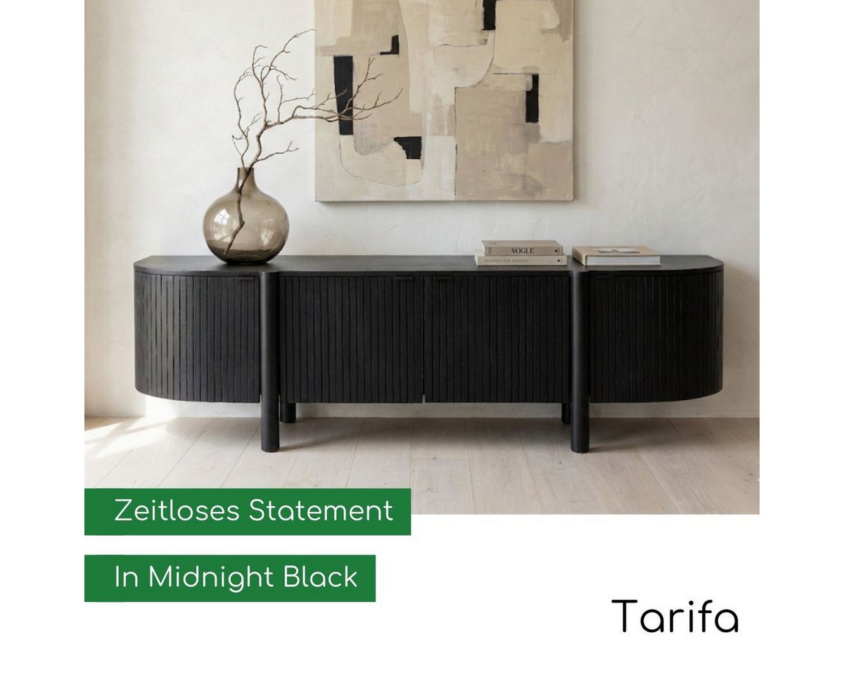 CASA DOMA Lowboard Tarifa, TV-Unterteil, Mangoholz massiv, schwarz, Lamellen-Optik, 4 Türen, Kabeldurchlässe, Stauraum, robust, pflegeleicht – Bild 2 von 5