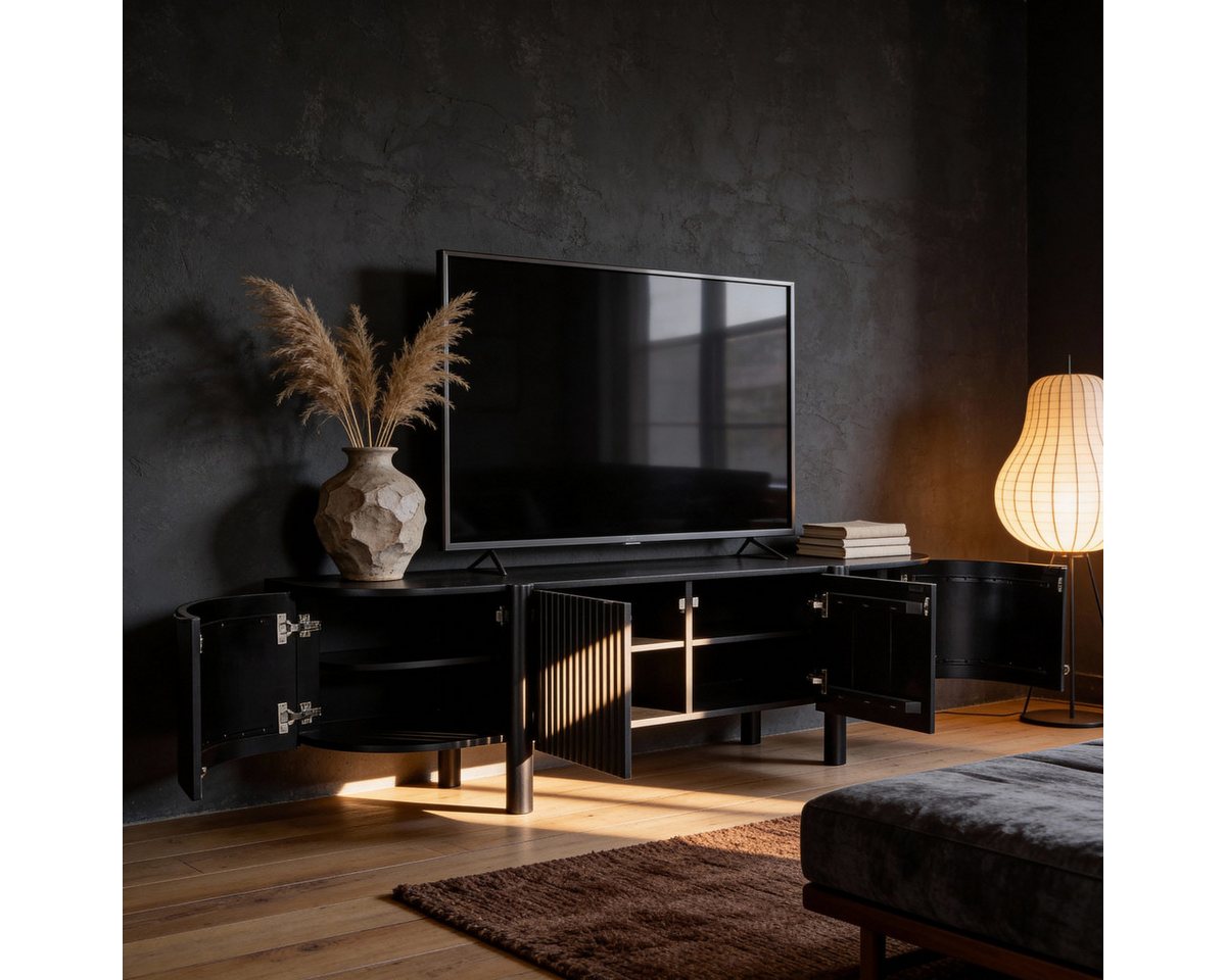 CASA DOMA Lowboard Tarifa, TV-Unterteil, Mangoholz massiv, schwarz, Lamellen-Optik, 4 Türen, Kabeldurchlässe, Stauraum, robust, pflegeleicht – Bild 4 von 5